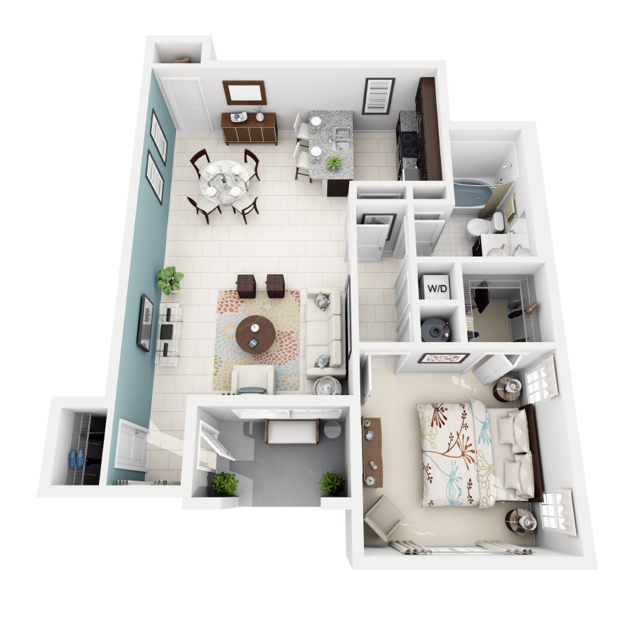 Rendering of the Coral floor plan with 1 bedroom[s] and 1 bathroom[s] at Altis Kendall Square
