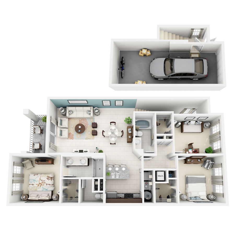 Rendering of the Scarlett floor plan with 3 bedroom[s] and 2 bathroom[s] at Altis Kendall Square