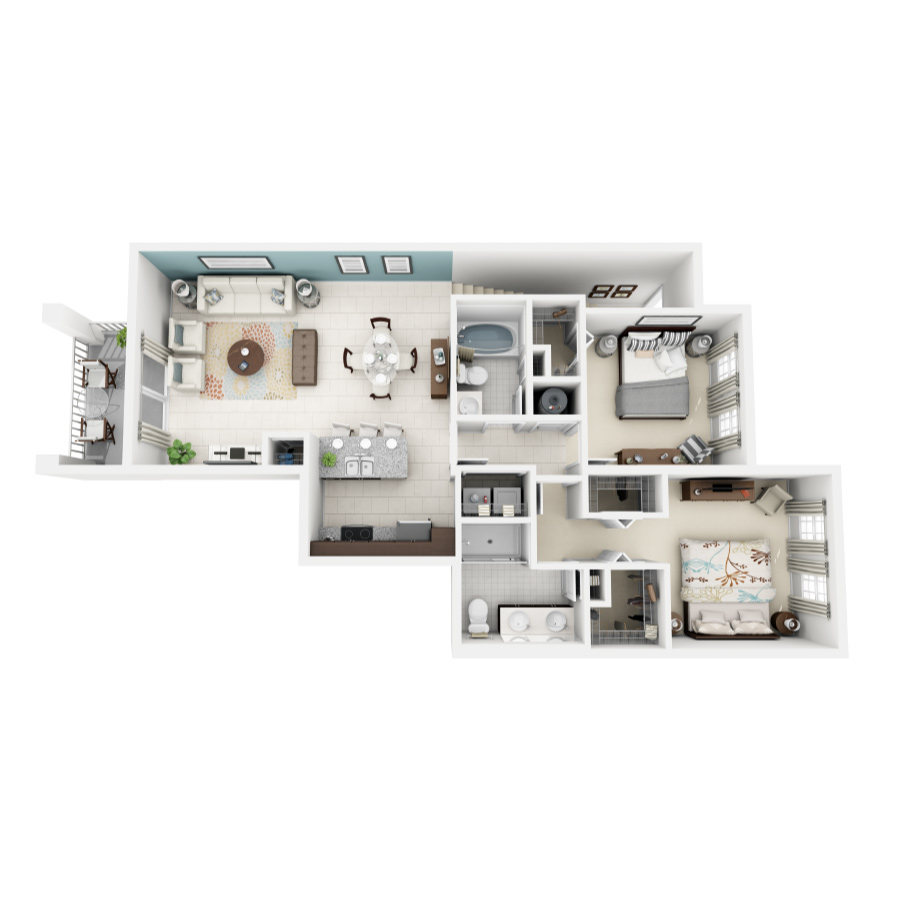 Rendering of the Garnet NG floor plan with 2 bedroom[s] and 2 bathroom[s] at Altis Kendall Square