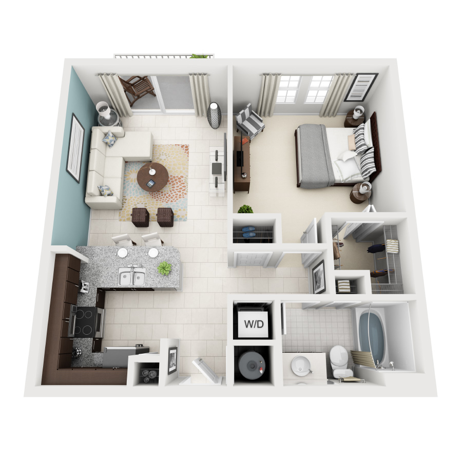 Rendering of the Crimson floor plan with 1 bedroom[s] and 1 bathroom[s] at Altis Kendall Square